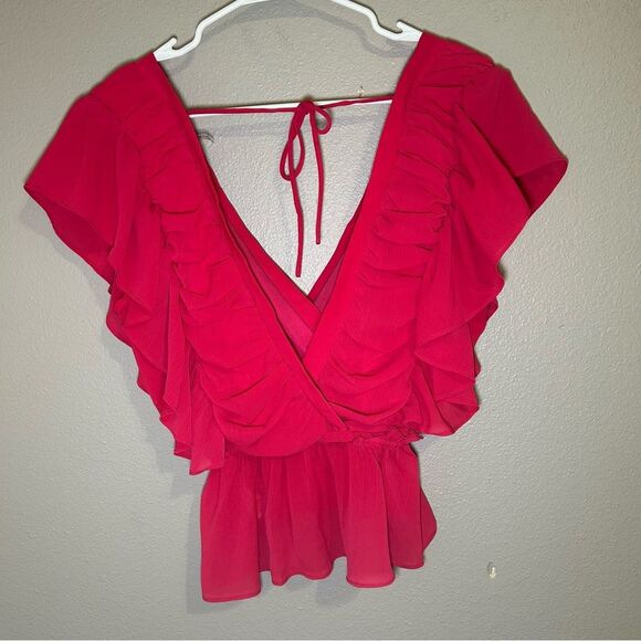 Glam hot pink plunge v neck ruffle top women’s size small - Picture 3 of 7